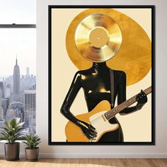 a woman with a gold record on her head and guitar in front of a window