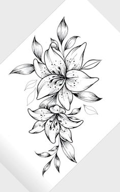 a black and white drawing of flowers on a piece of paper with watermarking