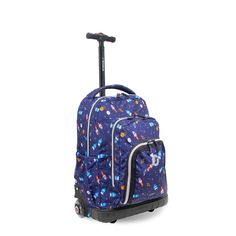 This fun, brightly-colored set includes a wheeled backpack and an insulated lunch bag and is available in cute patterns for kids. Functions as both a bag on wheels for school and a fun carry-on backpack for kids ages 3-9 years, The Kids roller bag features soft, noiseless wheels with a magnetic self-lighting system (kids will love this!) and has a recessed three-stage locking handle system with a push-button release. Its zippered main compartment easily stores your child's books, folders, projec Playful Luggage For Back To School, Playful School Luggage For Back To School, Playful Back To School Luggage, Novelty School Backpack, Playful Multicolor School Luggage, Playful Hello Kitty Travel Backpack, Rocket Backpack, Bag On Wheels, Inside Rocket Ship