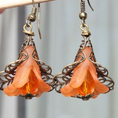 Elegant Nickel-free Orange Earrings, Elegant Orange Nickel-free Earrings, Orange Pierced Metal Earrings, Orange Metal Pierced Earrings, Flower Violet, Violet Earrings, Lucite Flower Earrings, Lucite Jewelry, Hammered Earrings