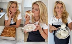 two pictures of a woman eating food and holding a plate in front of her face