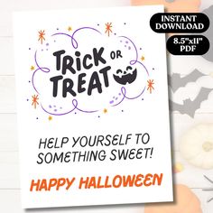 trick or treat card for halloween with pumpkins and bats on the side, text reads help yourself to something sweet happy halloween