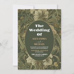 the wedding of alexandria and michael is displayed on a card with an ornate frame around it