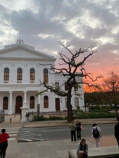 people are walking around in front of a white building with a tree on the corner