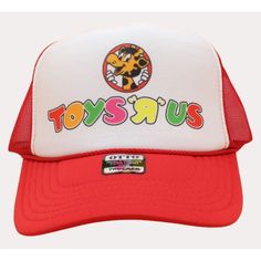 New Adults One Size Fits Most, Toys "R" Us Retro Trucker Hat With Adjustable Closure In The Rear. Foam Hat With Poly Mesh Back. Vintage Style Hat Color - Red / White Cap Features: 100% Polyester Front 100% Nylon Mesh Back 5-Panel Cap Seamless Foam Front Panel With Lining 8 Rows Stitching On Visor Matching Fabric Under Visor Adjustable Plastic Snap Playful White Hat For Play, Novelty Red Trucker Hat, Adjustable Red Hats For Playtime, Adjustable Red Hat For Playtime, Fun White Hats For Play, Fun White Hat For Play, Playful Red Hats For Playtime, Playful Red Hat For Playtime, Yellow Baseball Cap