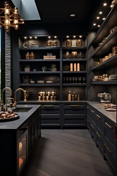 a kitchen filled with lots of dark colored cabinets