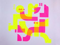 an abstract painting with pink, yellow and green colors on white paper that has been cut into smaller shapes