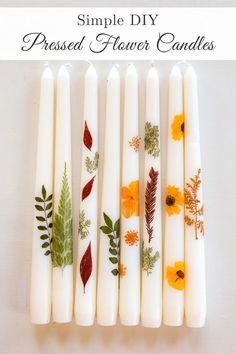 These DIY Leaf & Flower Pressed Candles are an easy DIY fall decor idea that you can make in an afternoon. You only need a few simple materials to make these Leaf and Flower Pressed Candles. The end result is beautiful, natural fall decor. You can find the full instructions for this natural decor at Sugar Maple Farmhouse. How To Make Candles With Flowers, Microwave Flower Press, Pounded Flowers, Pressed Flower Candles, Diy Beeswax Wrap, Natural Fall Decor, Dried Flower Candles, Easy Diy Fall Decor, Diy Leaf