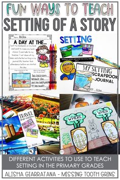 four different activities to teach students about the setting of a story with text and pictures