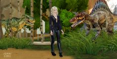 a woman standing in front of two dinosaurs