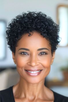 Cropped Curly Pixie Hairstyle on smiling older woman with brown hair. Very Short Haircuts For Women, Messy Braided Hairstyles, Curly Pixie Hairstyles, Hairstyle For Men, Greasy Hair, Curl Defining, Very Short Haircuts