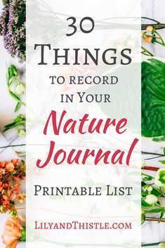 flowers and leaves with the words 30 things to record in your nature journal printable list