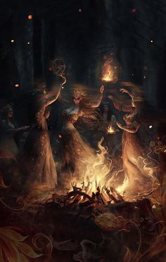 four women dressed in long dresses are dancing around a fire while holding torches and looking into the distance