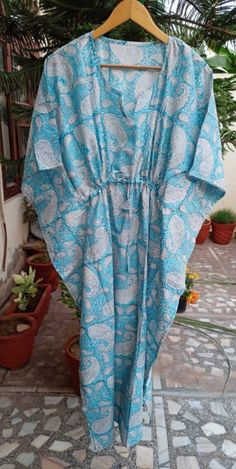 Summer Cotton Sleepwear For Beach, Traditional Summer Home Dress, Summer Tunic Kaftan For Home, Bohemian Blue Sleepwear For Vacation, Blue Bohemian Sleepwear For Vacation, Blue Cotton Kaftan For Vacation, Summer Blue Kaftan With Block Print, Blue Bohemian Sleepwear For Home, Bohemian Summer Sleepwear For Home