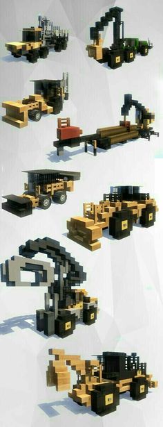 several different types of vehicles made out of legos and wood blocks are shown in this image