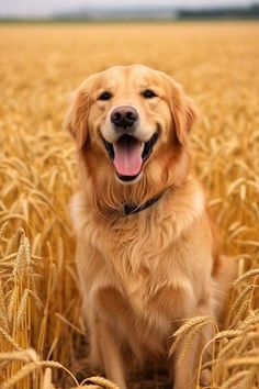 a golden retriever sitting in a wheat field