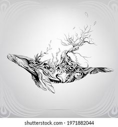 an artistic bird flying in the sky with trees on it's back and branches coming out