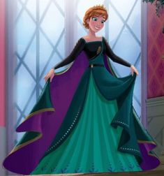 an animated image of a woman in a princess dress standing next to a window and smiling at the camera