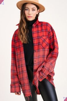 Give your outfit a classically cool finish with our Oversized Flannel Shirt that has a vintage look. It will quickly become your new go-to piece! Lightweight fabric shapes this shirt that has a collar neckline and long sleeves with button cuffs. Oversized bodice has front chest pocket, Sleeve Length - S: 24", M: 25", L: 26" Shoulder - S: 19", M: 20", L: 21" Fabric Contents: 60% Polyester, 40% Cotton Non-stretch fabric Non-sheer fabric Care Instructions: Machine wash cold, gentle cycle, tumble dr Oversized Flannel, Long Sleeve Button Up Shirt, Vintage Plaid, Look Vintage, Looks Vintage, Sheer Fabrics, Button Up Shirt, Vintage Look, Flannel Shirt