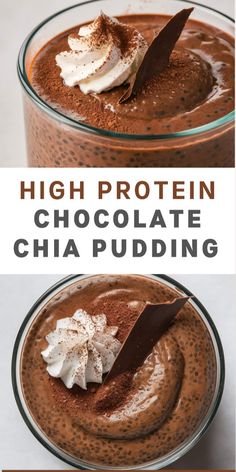 high protein chocolate chia pudding in a glass bowl with whipped cream and chocolate on top