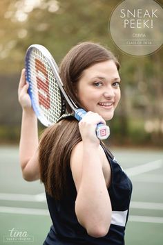 a young woman holding a tennis racket on top of a tennis court with the words sneak peek above her head