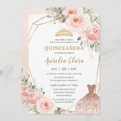 an elegant quinceauera bridal party with pink roses and gold foil on the front