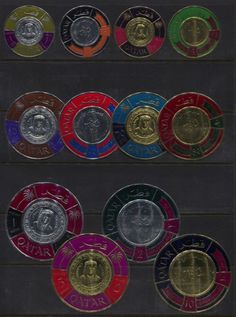 an array of different colored and silver coins on a black background, with the word's name written below them