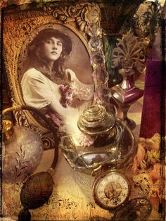 an altered photograph of a woman sitting in a chair next to a vase and clock