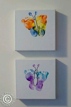 two watercolor paintings of colorful butterflies on white paper