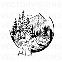 a black and white drawing of a mountain scene with trees in the foreground, surrounded by