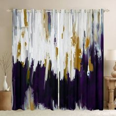 the curtains are painted with gold and purple paint on them, as well as white vases