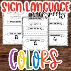 a sign language worksheet with the words colors on it and an image of a woman