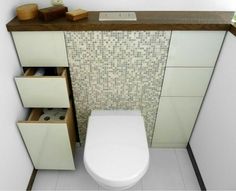 a white toilet sitting inside of a bathroom next to a wooden shelf filled with drawers