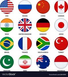 the flags of all countries in different shapes and sizes with names on each one circle