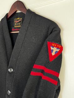 Vintage 1950s black cardigan with Freemason 👁️ patch and custom "G" etched buttons. Amazing condition with no damage. Tagged size small Pit to pit: 20" Length: 28" Sleeve: 22 1/4" Letterman Sweaters, Custom Buttons, Cardigan Black, Red Stripe, Black Cardigan, Vintage 1950s, Sweater Outfits, Gender Neutral, Art Collection