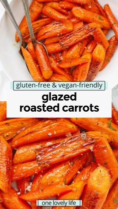 roasted carrots in a white bowl with text overlay