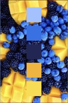 blueberries, bananas and other fruits are arranged together