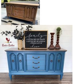 an old dresser is painted blue with chalk paint