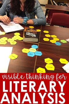 a woman sitting at a table writing on a piece of paper with the words visual thinking for library analyses