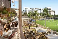 an artist's rendering of a park with palm trees and people sitting at tables