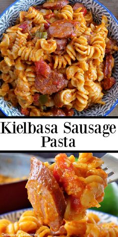 two pictures with different types of pasta in them and the words kielbasa sausage pasta