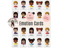 the emotions cards are shown with different people's faces and words on them,