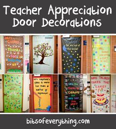 classroom door decorations for teachers with the words teacher appreciation door decorations on them and pictures of trees