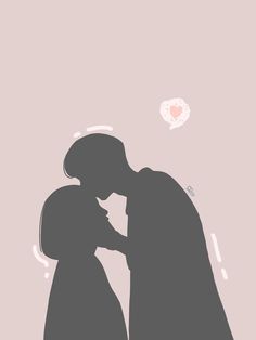 the silhouette of two people kissing in front of a pink background with a heart shaped balloon