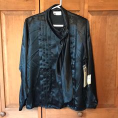 Pleated Front With Tie Neck. Long Sleeve. Black Nwt Size 14 Classic Black Blouse For Evening, Classic Black Evening Blouse, Black Formal Blouse For Fall, Black Chiffon V-neck Blouse, Business Casual Blouse, Zipper Blouse, Black Ruffle Top, Popover Shirt, Bohemian Blouses