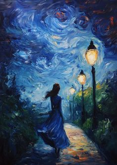 a painting of a woman walking down a street under a night sky with stars and lights