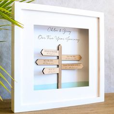 a white frame with wooden arrows in it