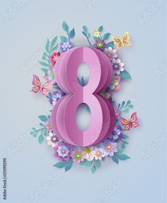 the number eight is surrounded by flowers and butterflies on a light blue background with green leaves