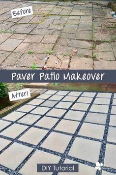 2 paver patios- one before shot with tilted, old paver stones, one with nice, neat rows of modern, square concrete pavers Pavers Diy, Diy Patio Pavers, Outdoor Pavers, Pavers Backyard, Paver Designs, Diy Backyard Patio, Backyard Oasis Ideas