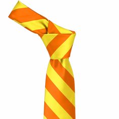 Add a refreshing yet bold pop of color to your look with this yellow and orange striped tie. It conjures up images of summer sun and sidewalk lemonade stands, making it perfect for your warm weather attire. Pair it with your favorite navy blue suit for a formal occasion, and don't forget to purchase a solid yellow or solid orange pocket square for that finishing touch. (Look for our premium line of solid ties for those matching accessories.) As far as the specifics, this is a regular length and